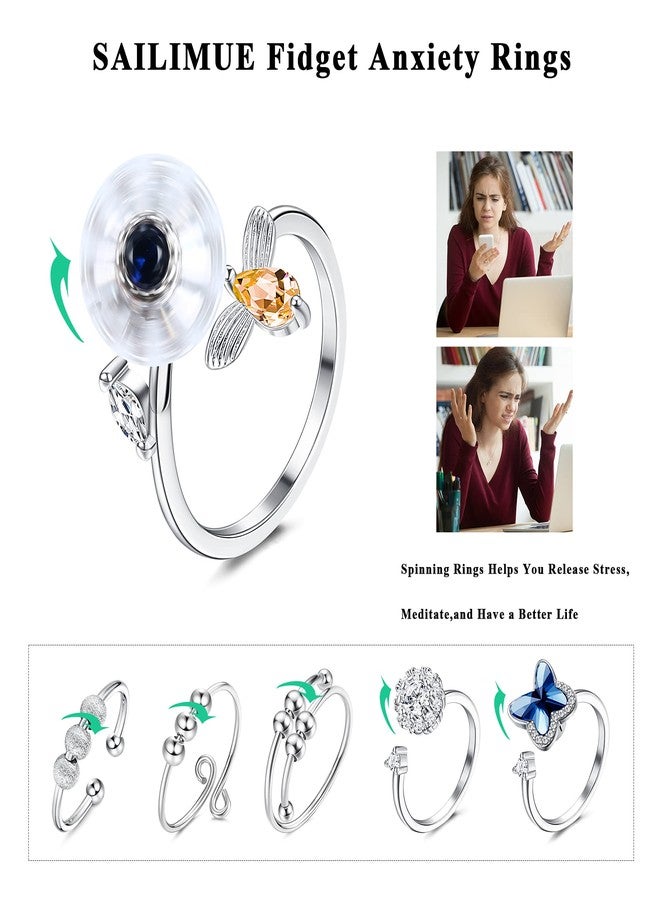 SAILIMUE 6 Pcs Fidget Anxiety Rings for Women Adjustable Open Ring Set Spinner Fidget Rings for Anxiety Cubic Zirconia Flower Butterfly Bead Stress Relief Stackable Rings - Image 2